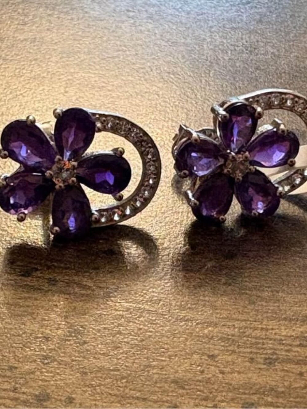 Amethyst and White Topaz Flower Earrings Sterling 925